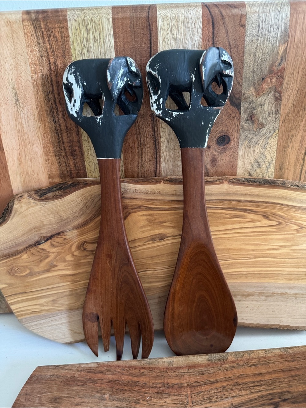 Vintage Hand Carved Wooden Elephant Handle Salad Servers Set Fork and Spoon.